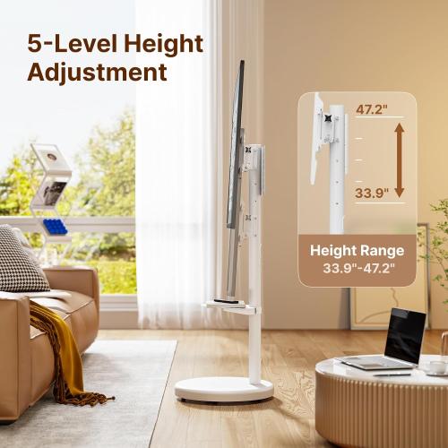 Height Adjustable Rolling TV Stand for 37-86 Inch TV up to 110 Pounds, Portrait to Landscape, Heavy Duty Mobile TV Cart with Shelf Max VESA 600x400mm (White)