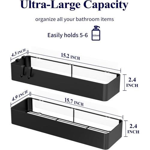 Kitsure Shower Caddy - 2 Pack Adhesive Shower Organizer, Rustproof Metal Shelves, No-Drill Bathroom Organizers and Storage, Black, XX-Large
