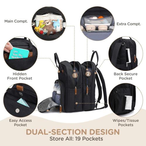 Extra Large Diaper Bag Backpack for Two Kids Twins - Expandable Baby Bag (26-36L), Dual Big Compartments - Includes Changing Pad & Stroller Straps, Unisex Black