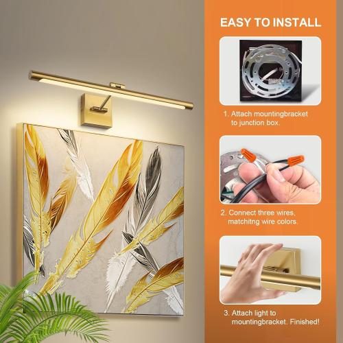 LED Picture Light Fixtures 24.4 Inches, Full Metal Artwork Wall Lamp with Single Swing Arm, 14W (70W Eqv.), Hardwired Connection, Dimmable, 3000K Warm White, CRI95 , Golden-Like Brass Finish