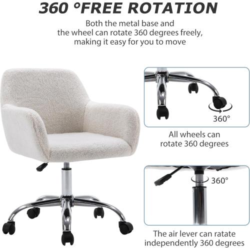 KCC Faux Fur Vanity Makeup Desk Chair, Comfy Fluffy Swivel Modern Leisure Armchair with Wheels, Upholstered Fuzzy Height Adjustable for Teens Women Girls Elegant Home Office