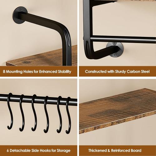 3 Tier Industrial Pipe Floating Shelf, 24 Kitchen Wall Shelves with Towel Bar & 6 Hooks, Coffee Bar Shelves Display Bookshelf Wall Shelf for Kitchen, Bathroom, Home Décor, Rustic Brown