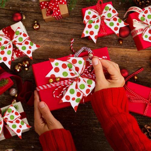 DIYDEC 12pcs Christmas Bows Decoration 6.3 Inch Large Christmas Wreath Bows Red Green Xmas Tree Bow Glitter Dot Bows Ribbons Ornaments for Garland Wedding Home Holiday Party
