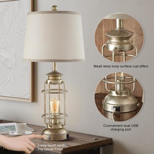 28.5 Retro Industrial Table Lamp for Living Room Bedroom Set of 2 Dimmable Touch Control Bedside Farmhouse Lamps with USB A C Charging Ports and 2 Light Sources