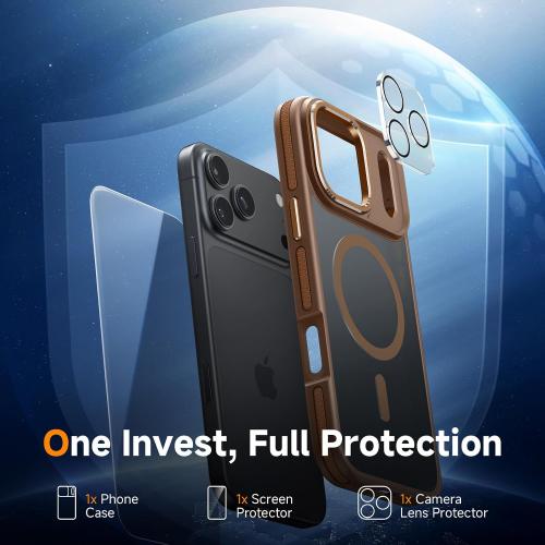Magnetic 3 in 1 for iPhone 17 Pro Case, [Omni-Directional Protection] with 1x Screen Protector   1x Camera Cover, [Seamless Work with Magsafe] Shockproof Slim Thin Matte Case for iPhone 17 Pro Brown