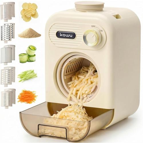 Kawu Electric Cheese Grater, 5-in-1 Automatic Vegetable Slicer Shredder | Salad Maker Food Processor with Container and 10 Blades, Veggie Chopper for Block Cheese, Cabbage, Fruits for Home Kitchen