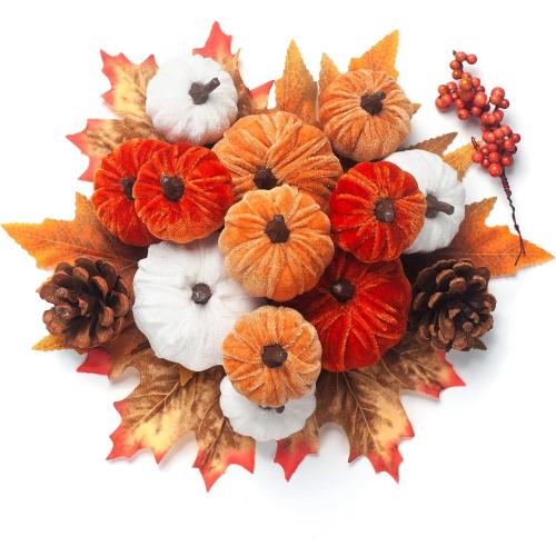 21 PCS Fall Artificial Velvet Pumpkins Set, Fake Fabric Pumpkin Faux Foam Pumpkins, Orange Khaki White Pumpkin Decorations for Fall Harvest Thanksgiving Farmhouse Table Centerpiece