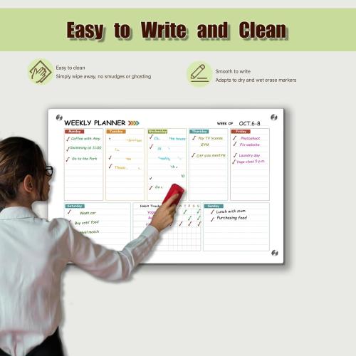 Glass Colorful Weekly Dry Erase Board for Wall,Weekly Planner Whiteboard for Wall 24x18,Frameless Mounting,Medium Weekly Wall Calendar Dry Erase for Office/School/Home