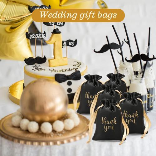 Sieral 50 Pcs Thank You Satin Gift Bags Bulk, Black, Gold, 5 x 7 Inch