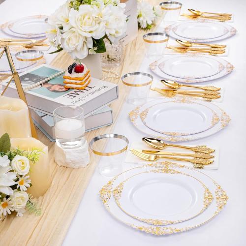 Hioasis 350pcs White and Gold Plastic Plates - Elegant Disposable Dinnerware Set Include 10.25 Dinner & 7.5 Dessert Plates, Knives, Forks, Spoons, Napkins, Cups for Party & Thanksgiving