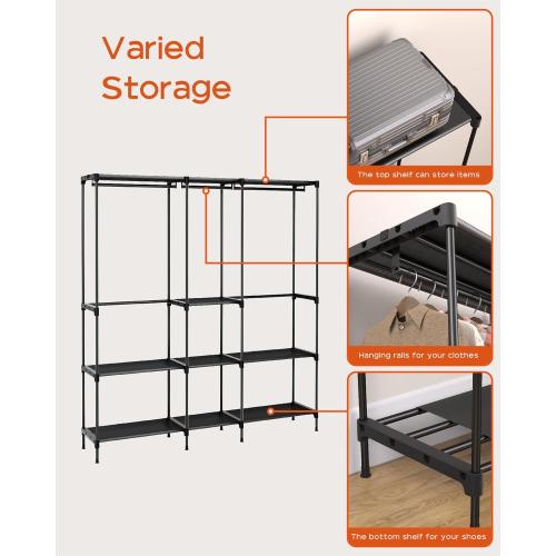 Clothes Rack, Portable Closet, 71.7 Inch Large Capacity Wardrobe Closet, Clothes Storage Organizer with Shelves and 3 Hanging Rods, Easy to Assembly, Black PCT035B01