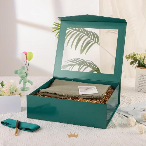 PACKQUEEN 5 Extra Large Green Gift Boxes with Windows, 16.3x14.2x5 Inches Clear Gift Boxes for Presents Contain Ribbons, Cards, Groomsmen Proposal Boxes Magnetic Lids (Glossy Green)