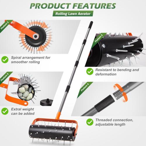 Walensee Rolling Lawn Aerator, Heavy Duty Manual Aerator Tool with 42 Spikes, Lawn Spike Aerator Roller with 71 Adjustable Handle, Soil Penetrator Push Lawn Aeration for Garden Yard Patio