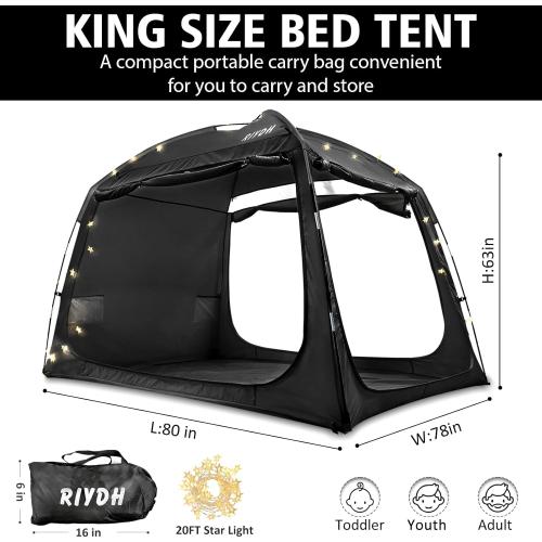 Bed Tent Bed Canopy Breathable 100% for Adult and Kids- Original Design Light Reduction 93% Sleeping Dream Tents Indoor Portable Big Space with String Light 3 Doors Twin Full Queen King Size