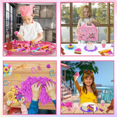 Baking Ice Cream Sensory Sand Kit for Girls, 2lbs Magic Play Sand, 7 Cake & 6 Ice Cream Molds, 10 Sand Tools, 6 Cookie Tools, Waffle Donut Molds, Sensory Bin Toys for Toddlers 3 4 5 6 7 8