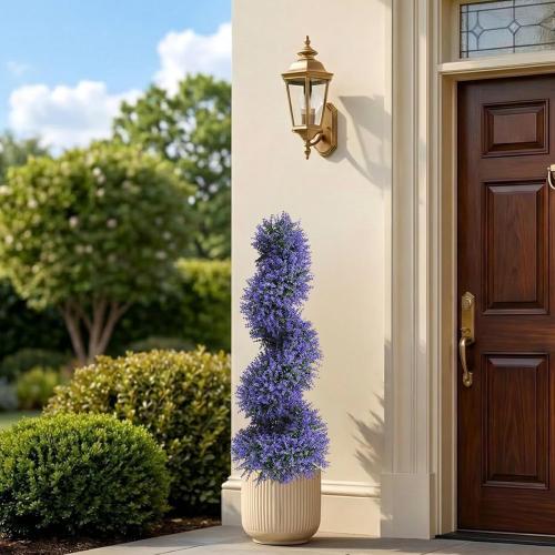 PATIO CHOICE 3ft Artificial Topiary Spiral Trees with Lavender Set of 2 High End Outdoor Faux Plants Realistic Fake Bushes Lilac Shrubs Decorations for Outdoor Front Porch Garden