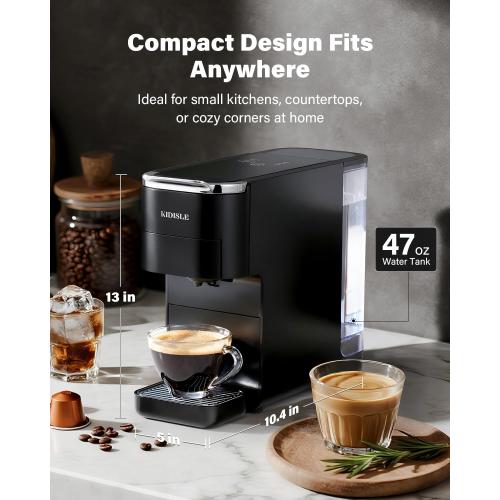 20 Bar Espresso Machine, Compatible with Nespresso Original & Dolce Gusto Capsules, Ground Coffee & ESE Pods, 47.3oz Tank, One-Touch Boil, Smart Controls, Drip Tray & Storage