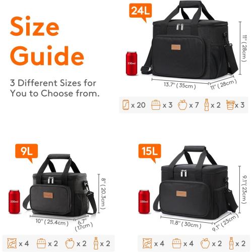 Lifewit Large Lunch Bag Insulated Lunch Box Soft Cooler Cooling Tote for Adult Men Women, Black 24-Can (15L)