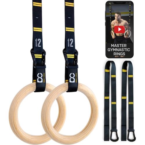 Double Circle Wood Gymnastics Rings with Quick Adjust Numbered Straps and Exercise Videos Guide - Full Body Workout Rings, Calisthenics, Home Gym (Multi-Size)