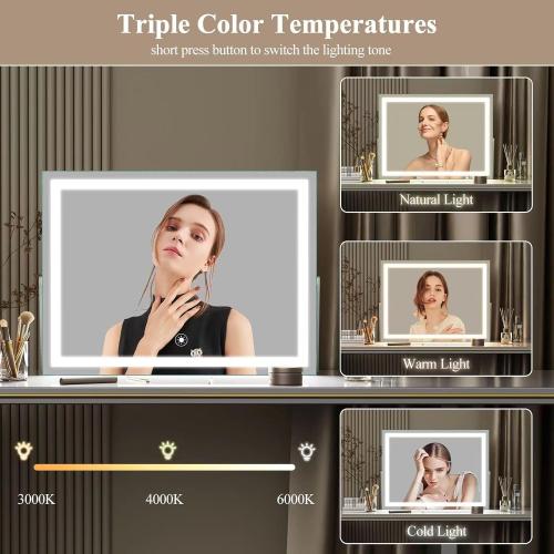 Gvnkvn Ligheted Vanity Mirror with Lights, 14 x 10 LED Makeup Mirror, 3 Modes Light, Smart Touch Control Dimmable, 360°Rotation, Rectangle White Frame