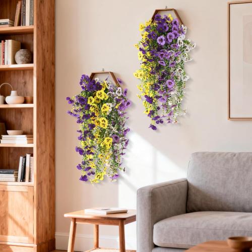 Fake Artificial Flowers for Outdoors, 4 Pcs Faux Hanging Pansy Flowers Spring Summer Decor, UV Resistant Fake Plants Silk Flower for Planter Front Door Porch Patio Yard Garden(Purple Yellow White)