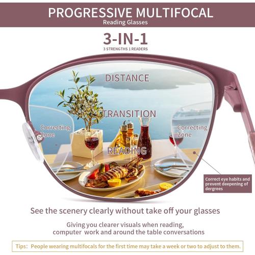 Progressive Multifocal Reading Glasses Women Cat Eye No Line Multifocus Transition Blue Light Reader Lady Metal Frame