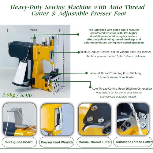 Bag Sewing Machine - 2s/bag Heavy Duty Portable Stitching Machine for Woven Bags, Non-Woven Fabrics, Leather | Warehouse & Farm Packing Tool (Yellow, Corded - 110V AC)