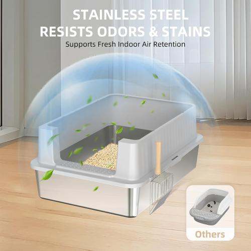 Stainless Steel Litter Box - 28 Extra Large XXXL Cat Litter Box with High Sides, Non-Sticky & Anti-Leakage for Big Cats/Multiple Cats, Includes Heavy Duty Metal Scoop, Grey