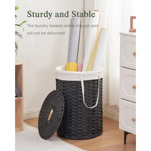 SETVSON Laundry Hamper with Lid Laundry Basket with Lid 19.0 Gal (72 L) Round Wicker Laundry Basket Handwoven Rattan Basket with Lid Removable Bag 2 Mesh Bags Handles for Living Room Bathroom Black