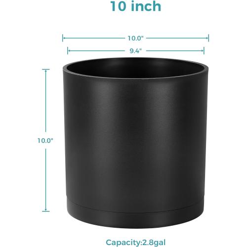 FaithLand 10-Inch Modern Cylinder Planter, Thick-Walled Plastic Plant Pot with Drainage Holes and Detachable Saucer, Matte Black, Ideal for Indoor & Outdoor Plants Flowers