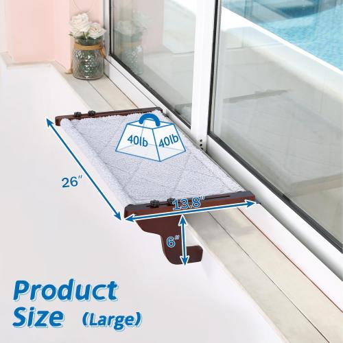 Zakkart 2PC Easy Seat Cat Perch for Window Sill - Hammock Design w/Pine Wood & Robust Metal Frame - Cat Window Seat for Large Cats and Kittens (Dark Stained Wood w/Gray Bed, Large (26''W x 14''D)