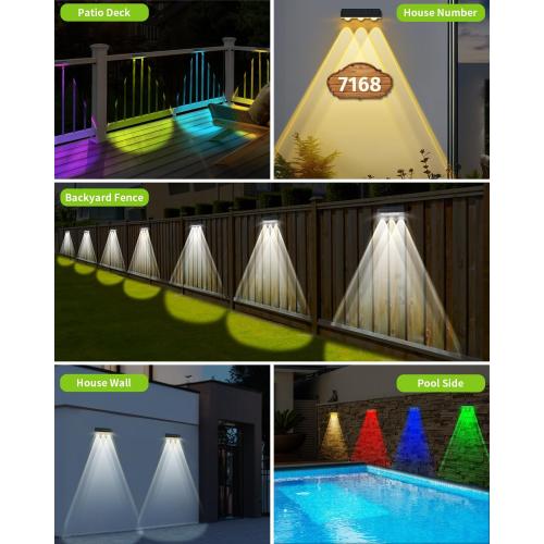 Solar Fence Lights Outdoor 8 Pack Waterproof High Brightness Upgraded 3 LED Lens Solor Deck Lights Warm & Cool White RGB 10 Colors Outside Solar Powered Wall Light for Backyard Patio Step Railing