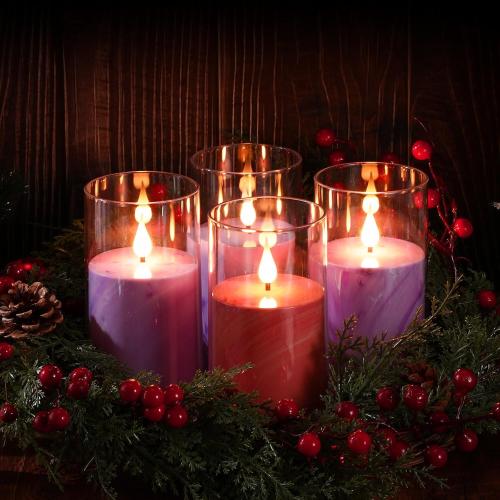 BBTO Christmas Flameless Advent Candles Set of 4, LED Advent Pillar Candles Battery Operated Purple Pink Acrylic Flameless Votive for Seasonal Celebration Rituals Festival Church Decor(3 x 5 Inches)