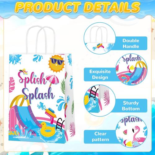 24Pcs Splish Splash Party Paper Bags Splish Splash Birthday Decorations Water Slide Kraft Gift Bags with Handles Pool Birthday Paper Candy Treat Bag for Kids Swimming Bash Hawaiian Luau Party Supplies
