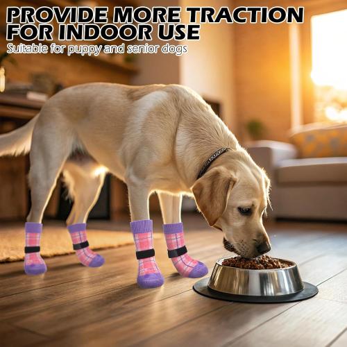 EXPAWLORER Dog Socks to Prevent Licking Paws,4 Pcs Double Sided Anti Slip Dog Socks with Grippers,Dog Shoes Grips for Hardwood Floors,Dog Booties for Small Medium Large Senior Dogs,Pink Purple XL