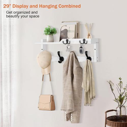 Coat Rack Wall Mount with Shelf, Coat Hanger Wall Mount with Key Hooks and Mail Holder, Wood Entryway Floating Shelf with Hooks and Storage, Hat Rack for Wall Key Holder Mail Organizer