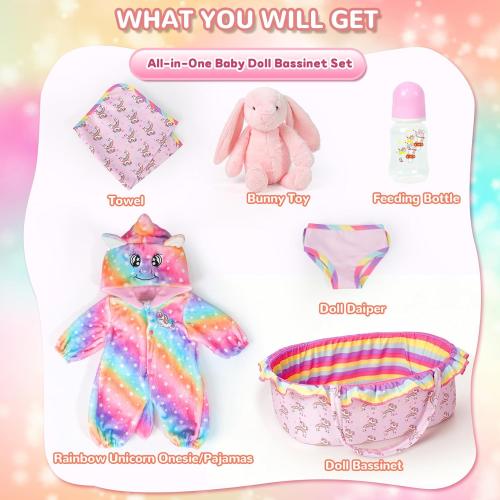 ARTST Reborn Baby Doll Accessories with Bassinet, Rainbow Unicorn Doll Clothes Outfit Set for 17-22 inch Newborn Babies,Valentine's Gift for 3-12 Girls Boys(NO Doll)