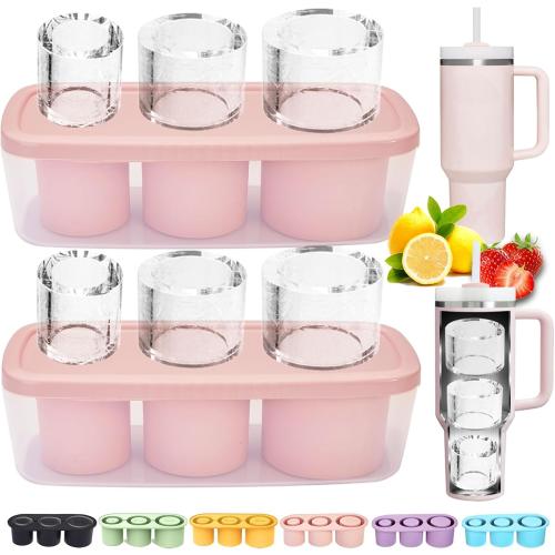 2pc Tumbler Ice Tray for Stanley/Yeti/Simple Modern etc. 30-40oz Tumblers, Silicone Ice Cube Tray for Tumblers with Bin and Lid, Pink