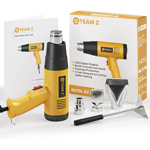 Team Z 1800W Heat Gun Kit 212°F to 1112°F(Only °F)- Fast Heating Heavy Duty Hot Air Gun, LCD Display, Overload Protection with 4 Nozzles for Shrink Wrap, Soften Paint, Bend Plastic Pipes and More