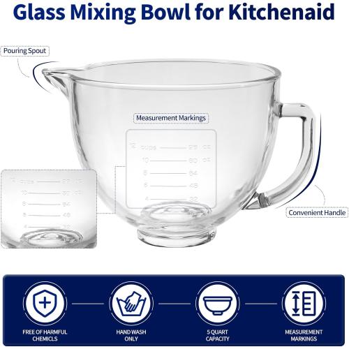 Glass Bowl for KitchenAid Stand Mixer,5 Quart,Glass Mixing Bowl Replacement for KitchenAid 4.5 and 5 Quart Tilt-Head Stand Mixers with Measurement Markings