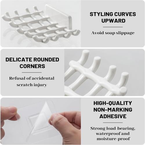 Pack of 4 Soap Bar Holder for Shower Wall, Self Draining Soap Dish with Hooks, No Drilling, Bathtub Kitchen Sink Waterproof Adhesive Wall Mounted Dish (4 Pack, White)