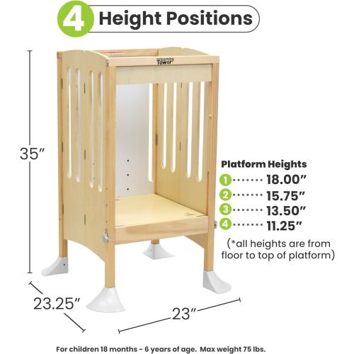 Little Partners Grow 'N Stow Folding Learning Tower, Adjustable Montessori Kitchen Counter Toddler Platform for Cooking, 35 H x 23.25 W x 23 D, Ages 18 mos. to 6 yrs. (Natural)
