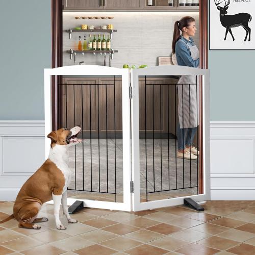 ZJSF Freestanding Dog Fence Indoor, Foldable Dog Gate for Doorways, Stairs or Hallways, Sturdy Wood Extra Wide Pet Gate with Support Feet for The House, White, 32 Height-2 Panels