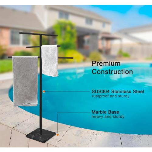 Eadot Marble Base Outdoor Standing Towel Rack for Swimming Pool, Hot Tub Or Spa, 304 Stainless Steel 6 Arms Standing Towel Sheet Holder Blanket Drying Rack Matte Black