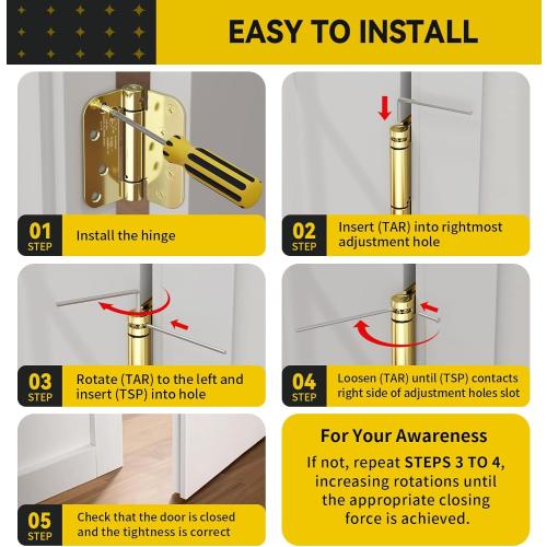 2 Pack Self Closing Door Hinges, 4 Inch Spring Loaded Door Hinges for Garage, Front, Back Door, Left/Right Hand, Adjustable Tension, 5/8'' Radius Corners, UL Listed, Gloden