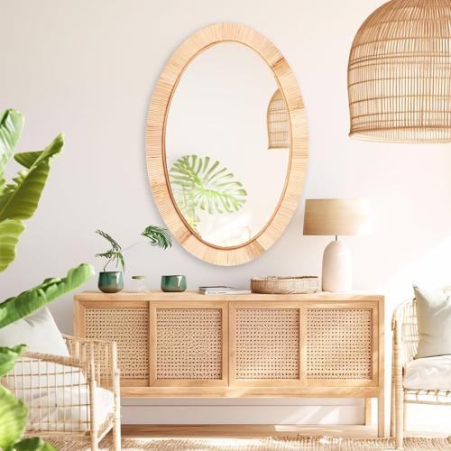 Rattan Mirror,Oval Boho Bathroom Mirror for Wall,20x30 Wicker Vanity Mirror for Nursery Décor,Coastal Farmhouse Wood Mirror for Bedroom Entryway Living Room