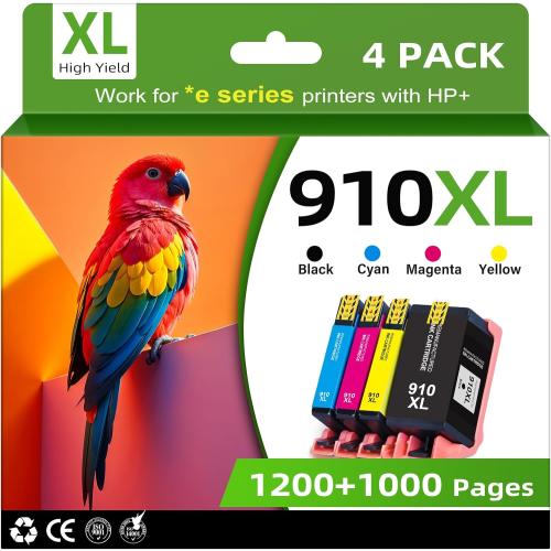 910XL Ink Cartridges Combo Pack for HP Printers Replacement for HP 910 HP 910XL Ink with HP OfficeJet Pro 8025e 8015e 8028e 8035e 8025 8035 8020 Printers (4 Pack, BK, CMY)