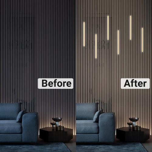 HAMRVL 6pcs 16-Inch DC12V Black 3000K Warm White LED Wall Panel Lights, Self-Adhesive Dimmable Touch Switch Slat Wall Lights Strip for Wood Slat Wall Panels, Media Acoustic Panel, Bedroom Headboard