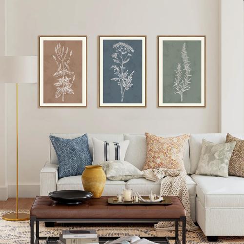 HLNIUC Neutral Botanical Framed Wall Art Set, Boho Minimalist Plant Canvas Wall Decor, Vintage Leaf Wall Painting, Nature Floral Silhouette Art Print for Bedroom, Living Room, Study - 16”x24”x3