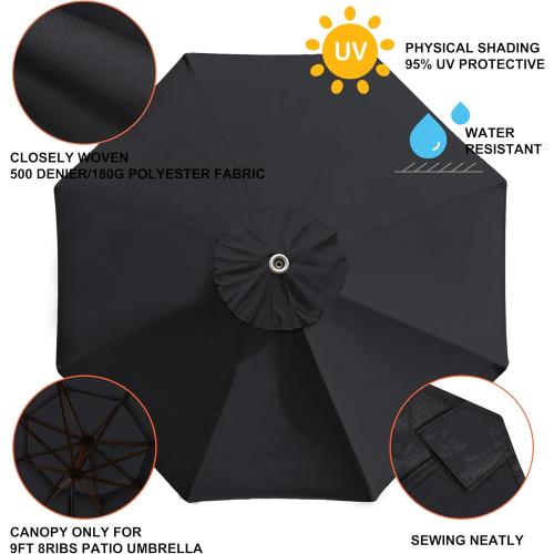 EliteShade USA 9FT Patio Umbrella Replacement Covers 8 Ribs Market Umbrella Canopy Cover (CANOPY ONLY) (Black)